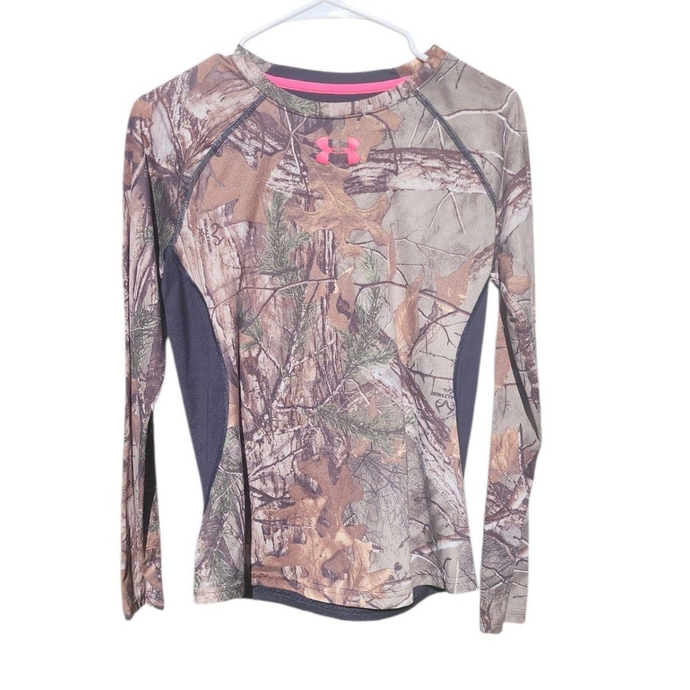 Under Armour HeatGear RealTree Camo Long Sleeve Shirt Pink Logo Womens Small